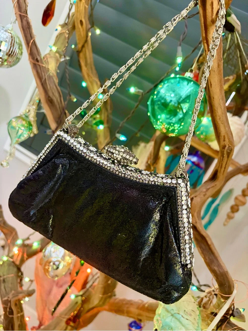Elegant Black Evening Clutch with Silver Chain by Lixenberg